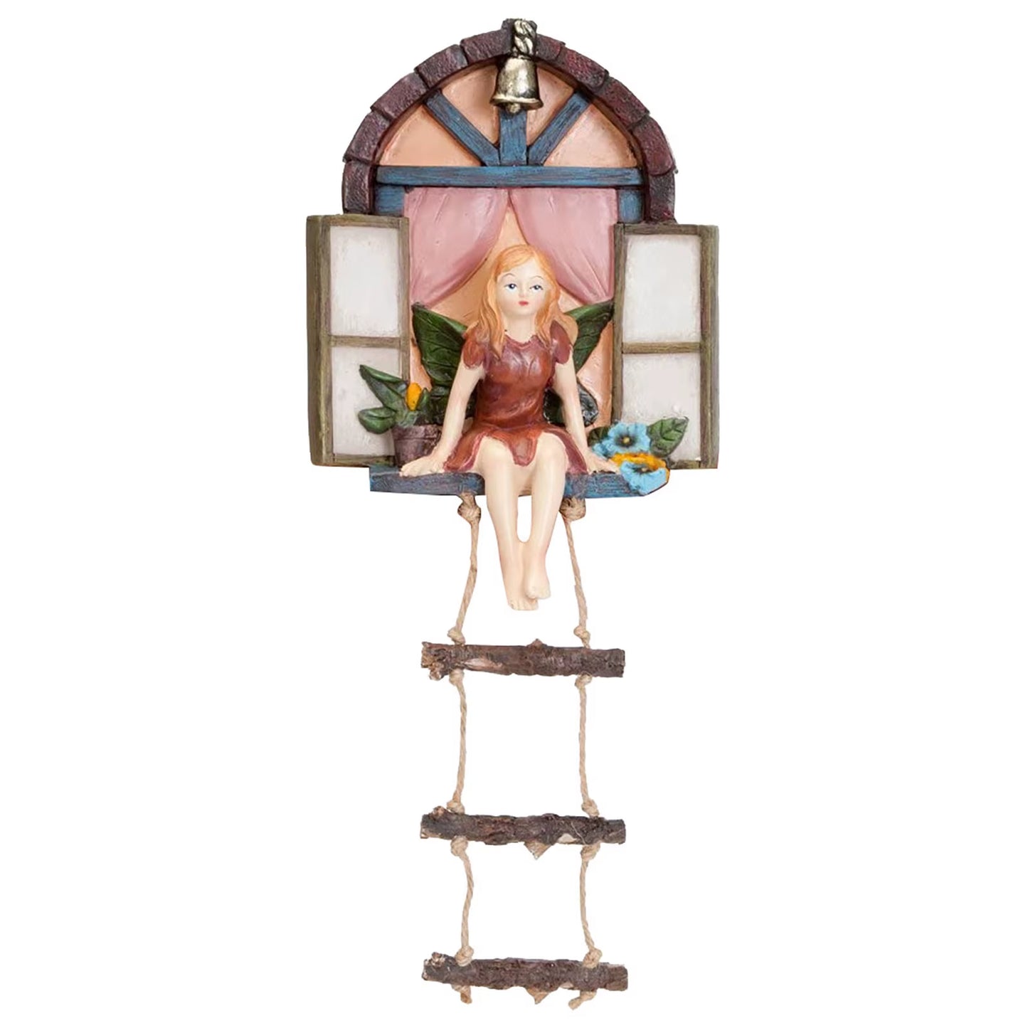 Fairy House Tree Hanging Figurine Window Sitting Fairy Ladder Resin Craft Statue Outdoor Ornament for Home Garden Yard Art Decor