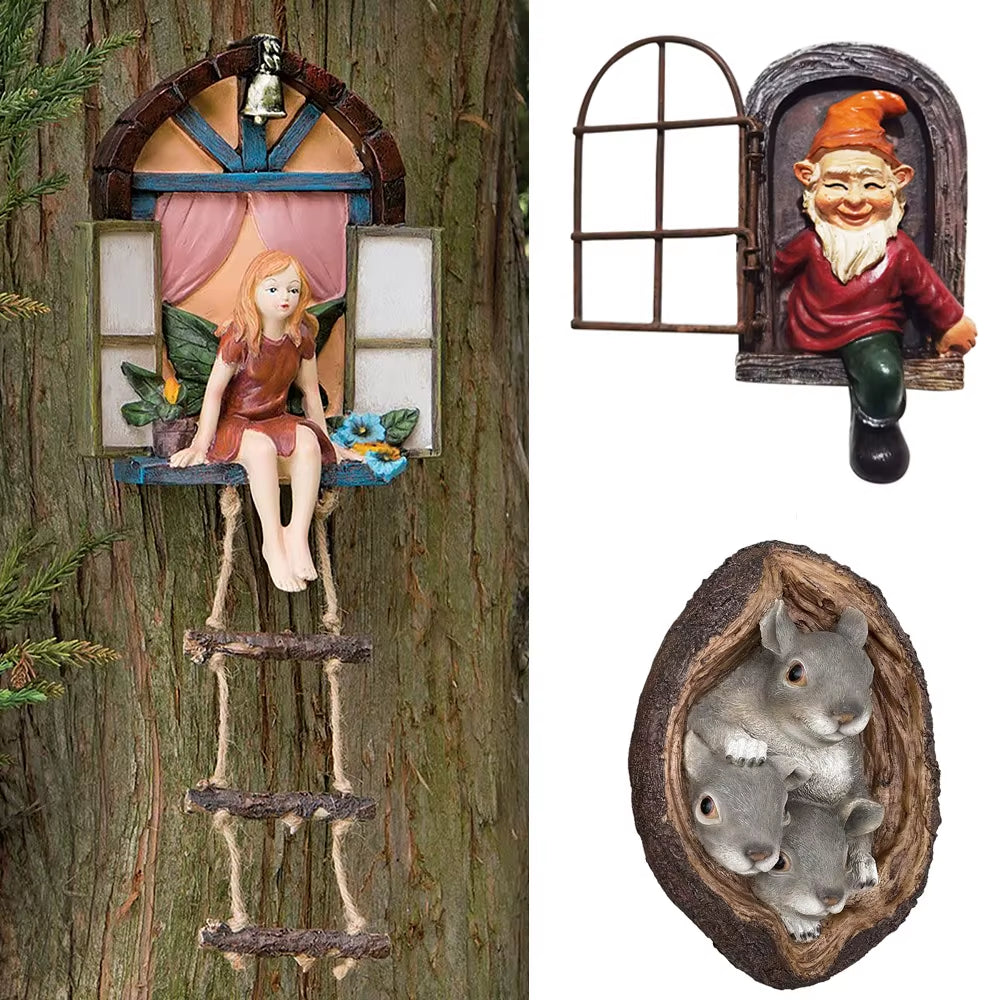 Fairy House Tree Hanging Figurine Window Sitting Fairy Ladder Resin Craft Statue Outdoor Ornament for Home Garden Yard Art Decor