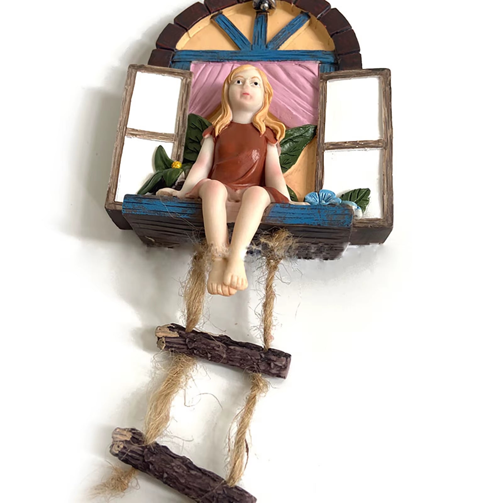 Fairy House Tree Hanging Figurine Window Sitting Fairy Ladder Resin Craft Statue Outdoor Ornament for Home Garden Yard Art Decor