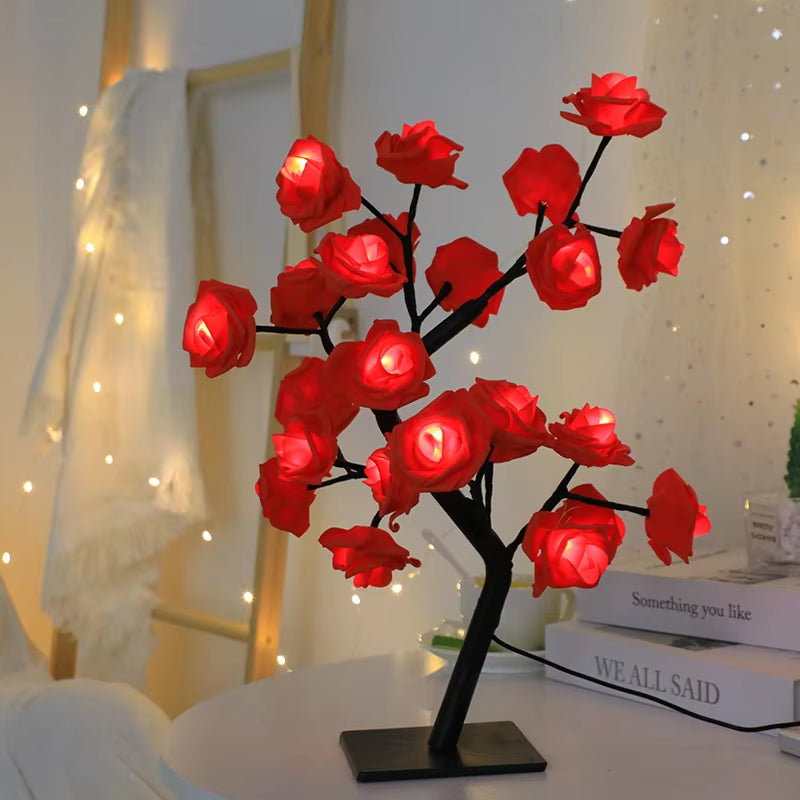 24 LED Red Rose Tree Lights Table Lamp Fairy Flower Night Light for Home Party Christmas Wedding Bedroom Decoration Gift