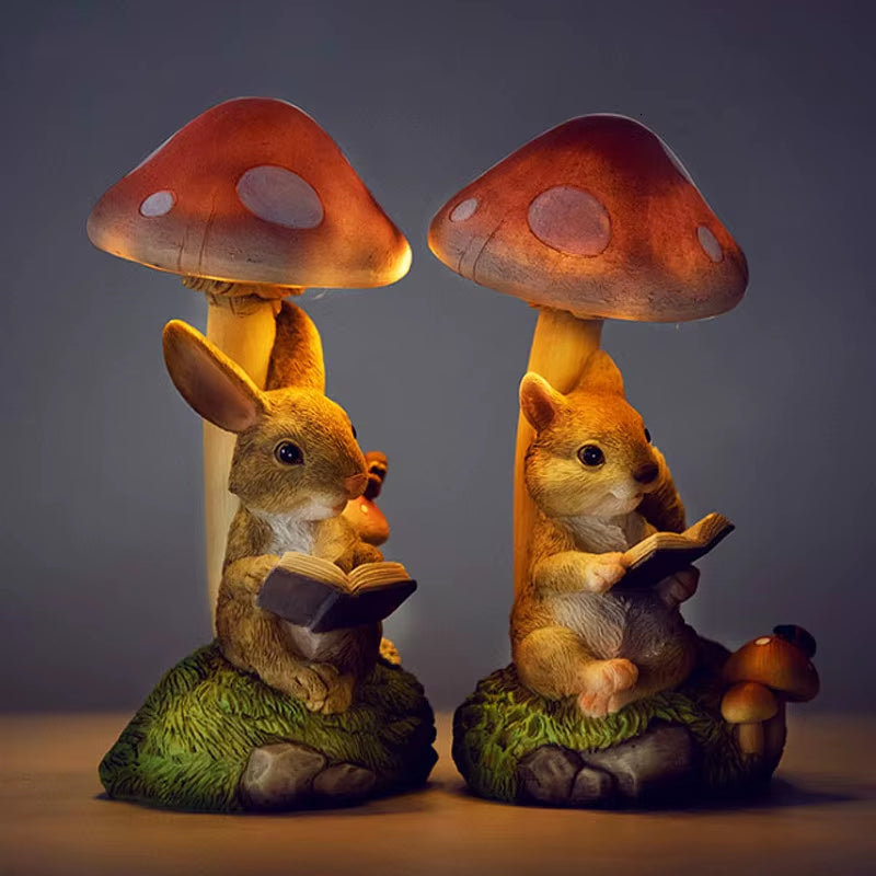 Rabbit Hedgehog Night Light Garden Decoration Mushroom Small Animal Sculpture Crafts Desktop Balcony Flower Pots Decorative Home