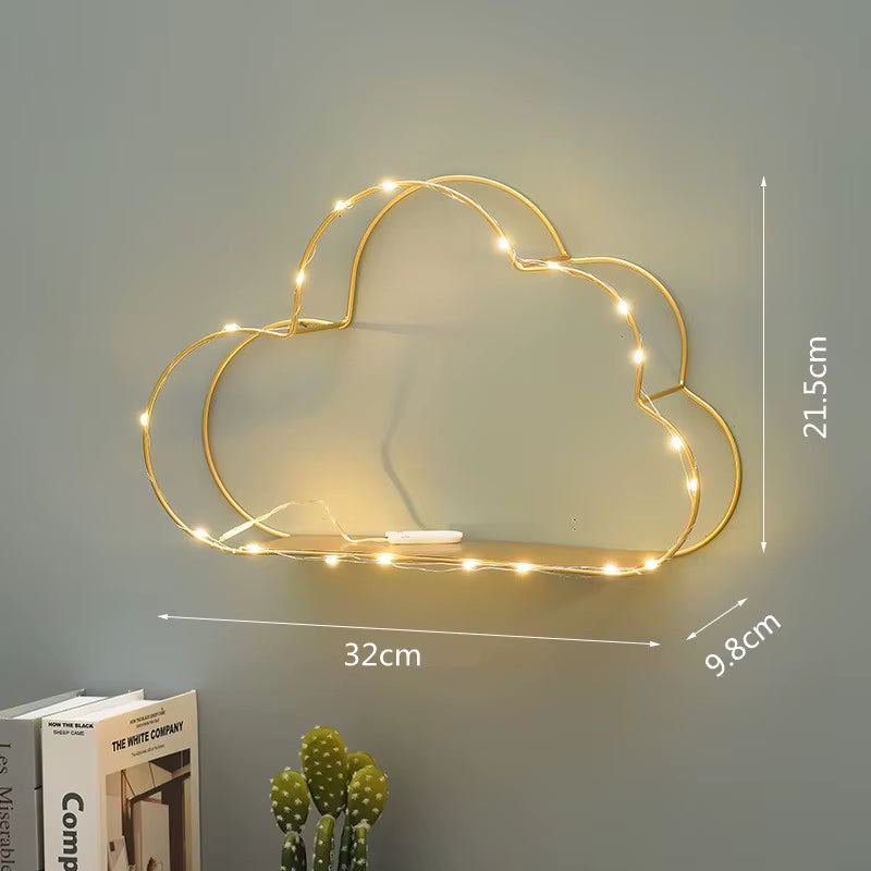 LED Nordic Metal Cloud Iron Storage Rack Shelf Wall Hanging Decor Grids Cloud Storage Holder Shelves Bedroom Home Decoration