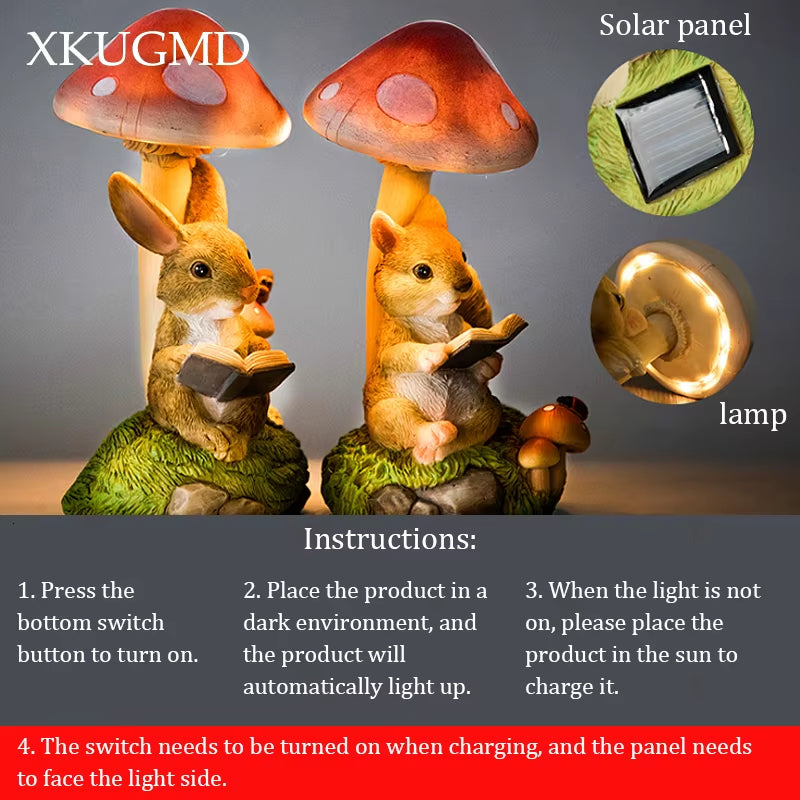 Rabbit Hedgehog Night Light Garden Decoration Mushroom Small Animal Sculpture Crafts Desktop Balcony Flower Pots Decorative Home