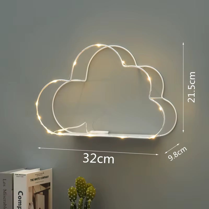 LED Nordic Metal Cloud Iron Storage Rack Shelf Wall Hanging Decor Grids Cloud Storage Holder Shelves Bedroom Home Decoration