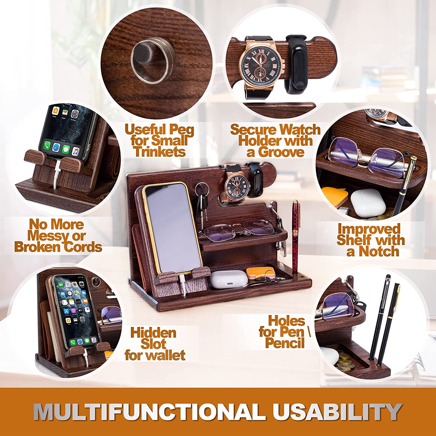 Wood Phone Docking Station for Men - Desk or Nightstand Organizer - Birthday Gifts for Husband, Dad - Anniversary Idea from Wife - Key Holder, Stand Wallet, Watch & Essentials (Bourbon Brown)