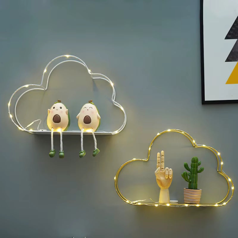 LED Nordic Metal Cloud Iron Storage Rack Shelf Wall Hanging Decor Grids Cloud Storage Holder Shelves Bedroom Home Decoration