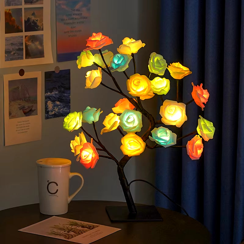 24 LED Red Rose Tree Lights Table Lamp Fairy Flower Night Light for Home Party Christmas Wedding Bedroom Decoration Gift