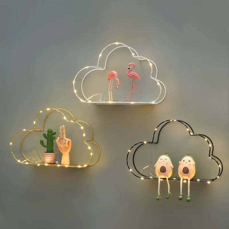 LED Nordic Metal Cloud Iron Storage Rack Shelf Wall Hanging Decor Grids Cloud Storage Holder Shelves Bedroom Home Decoration