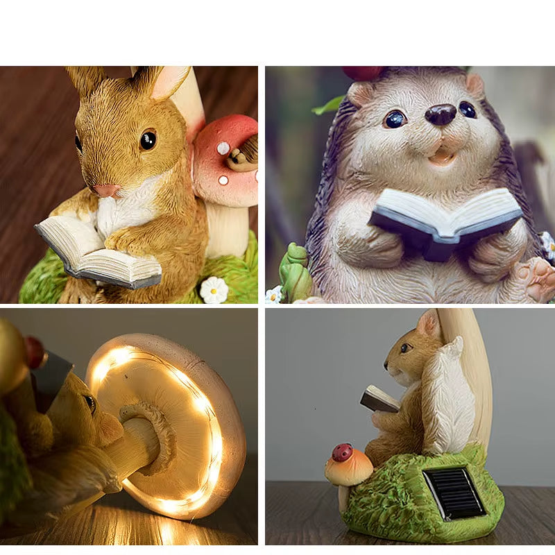 Rabbit Hedgehog Night Light Garden Decoration Mushroom Small Animal Sculpture Crafts Desktop Balcony Flower Pots Decorative Home