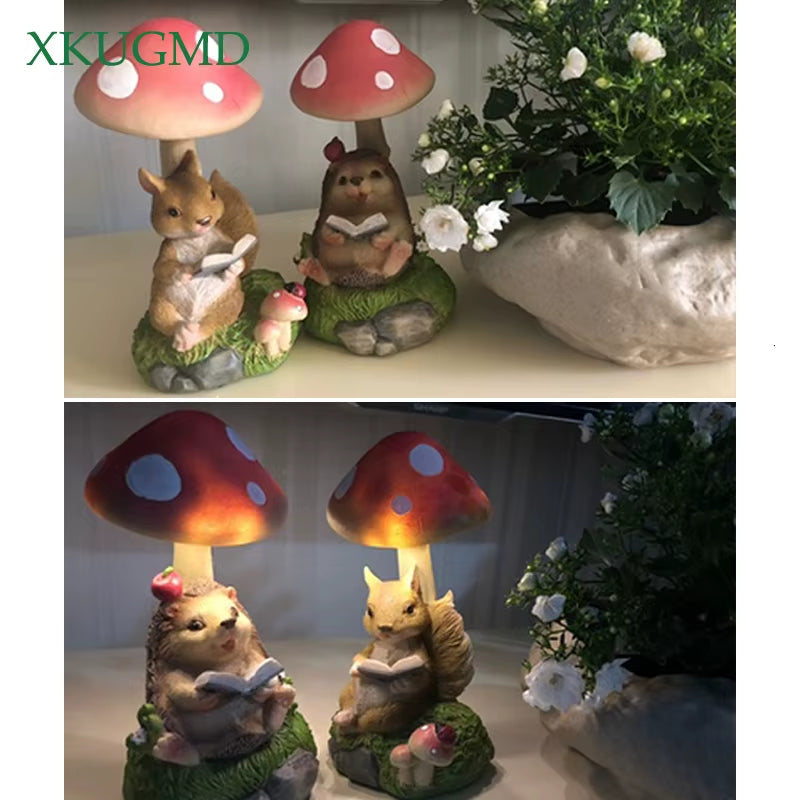 Rabbit Hedgehog Night Light Garden Decoration Mushroom Small Animal Sculpture Crafts Desktop Balcony Flower Pots Decorative Home